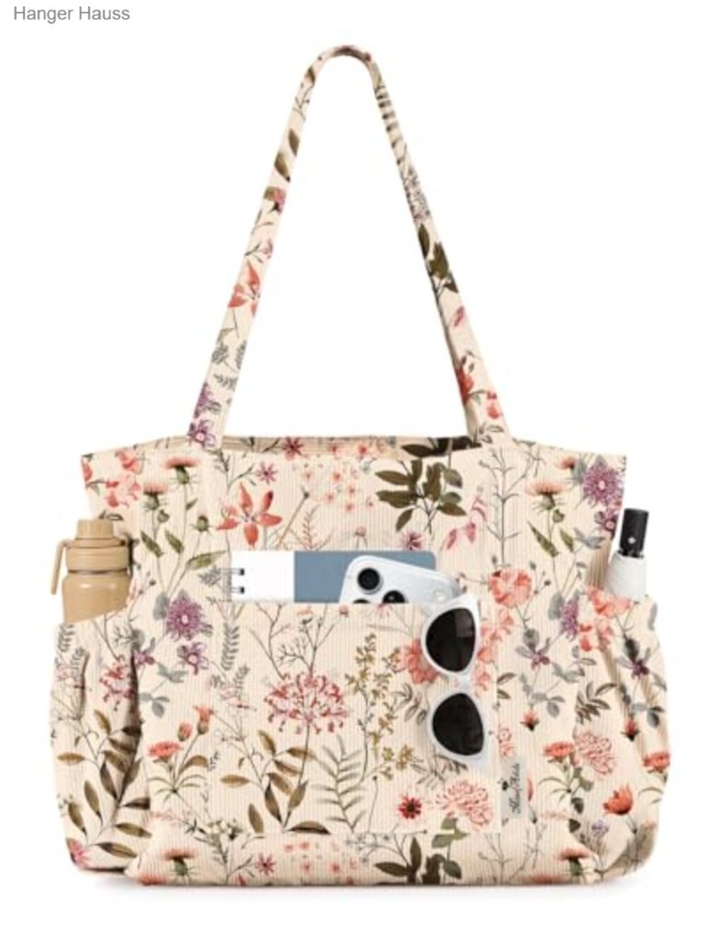 Corduroy Tote Bag Large Capacity Multi-Pocket Zipper Shoulder Bag Work Travel